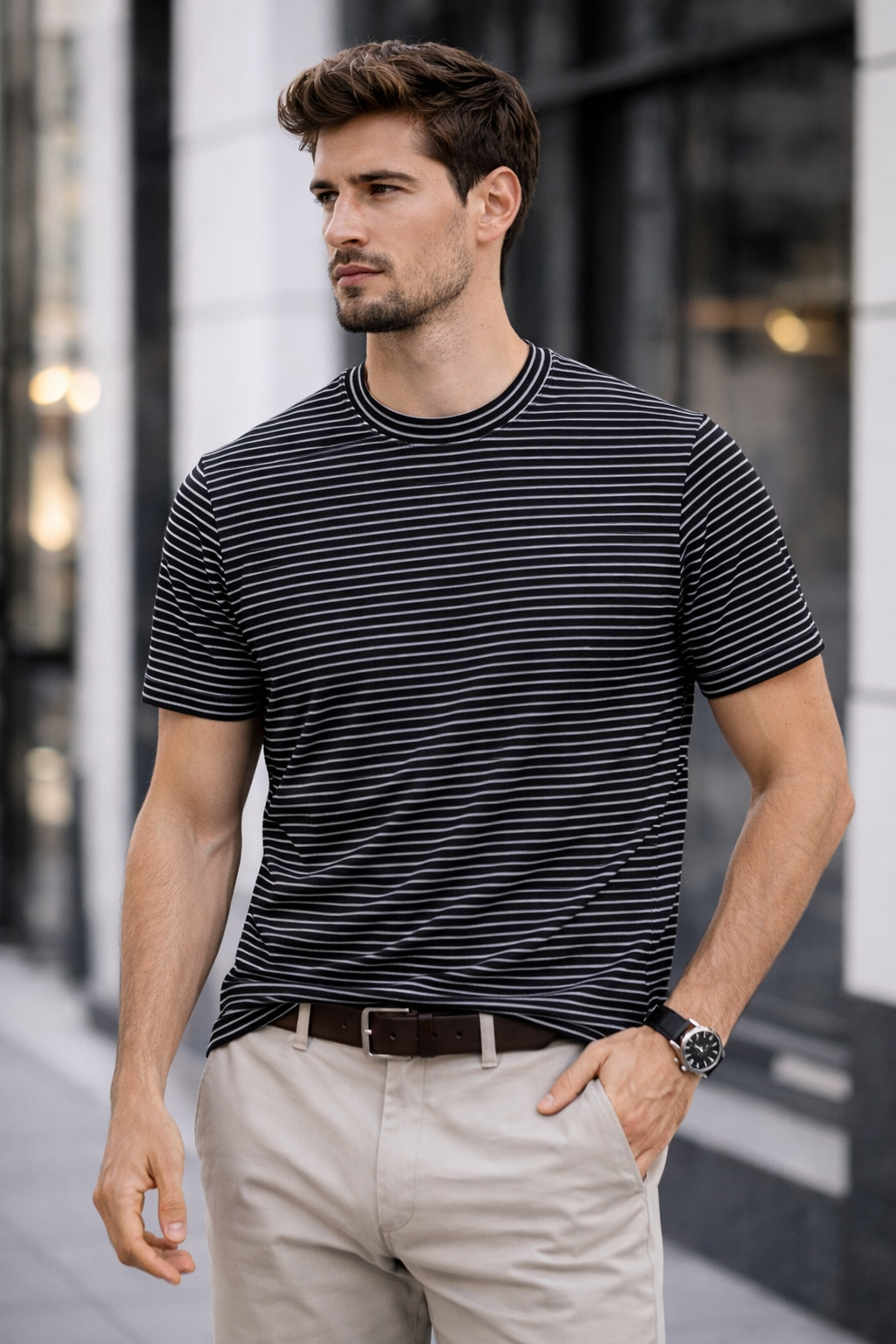 CLN-İNCE SIK ÇIZGILI T-SHIRT BISIKLET YAKA